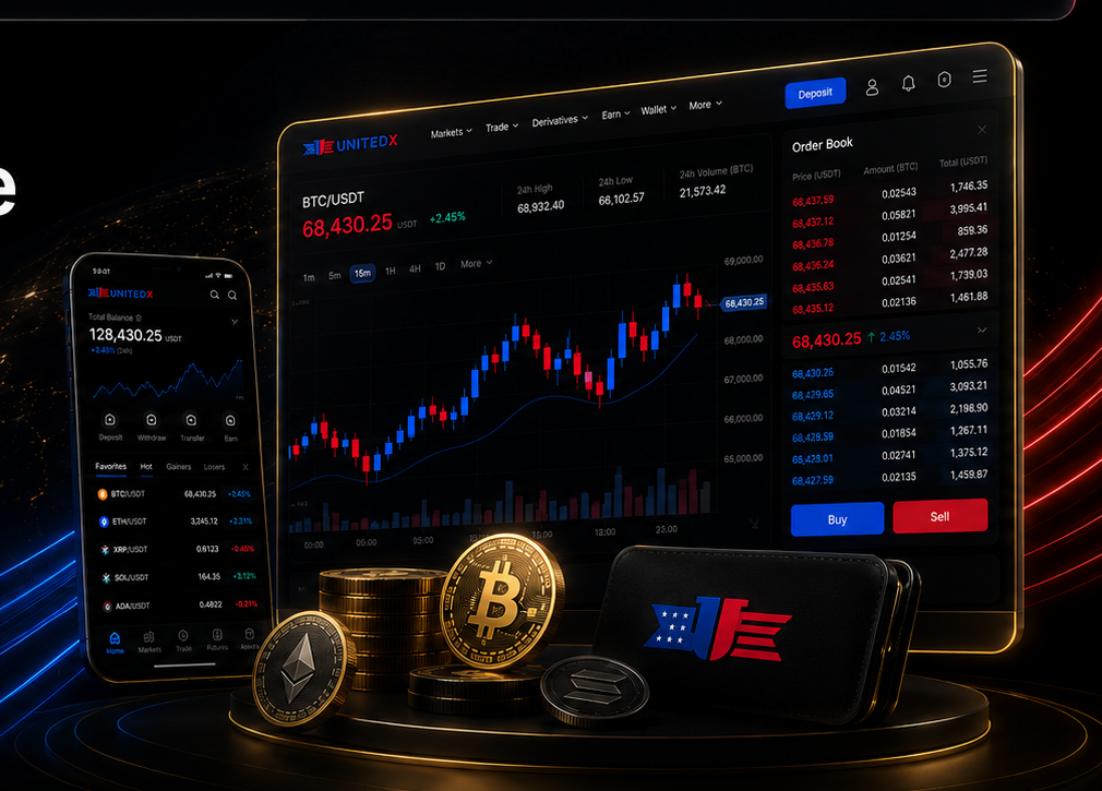 United Exchange professional trading dashboard, mobile wallet and crypto assets